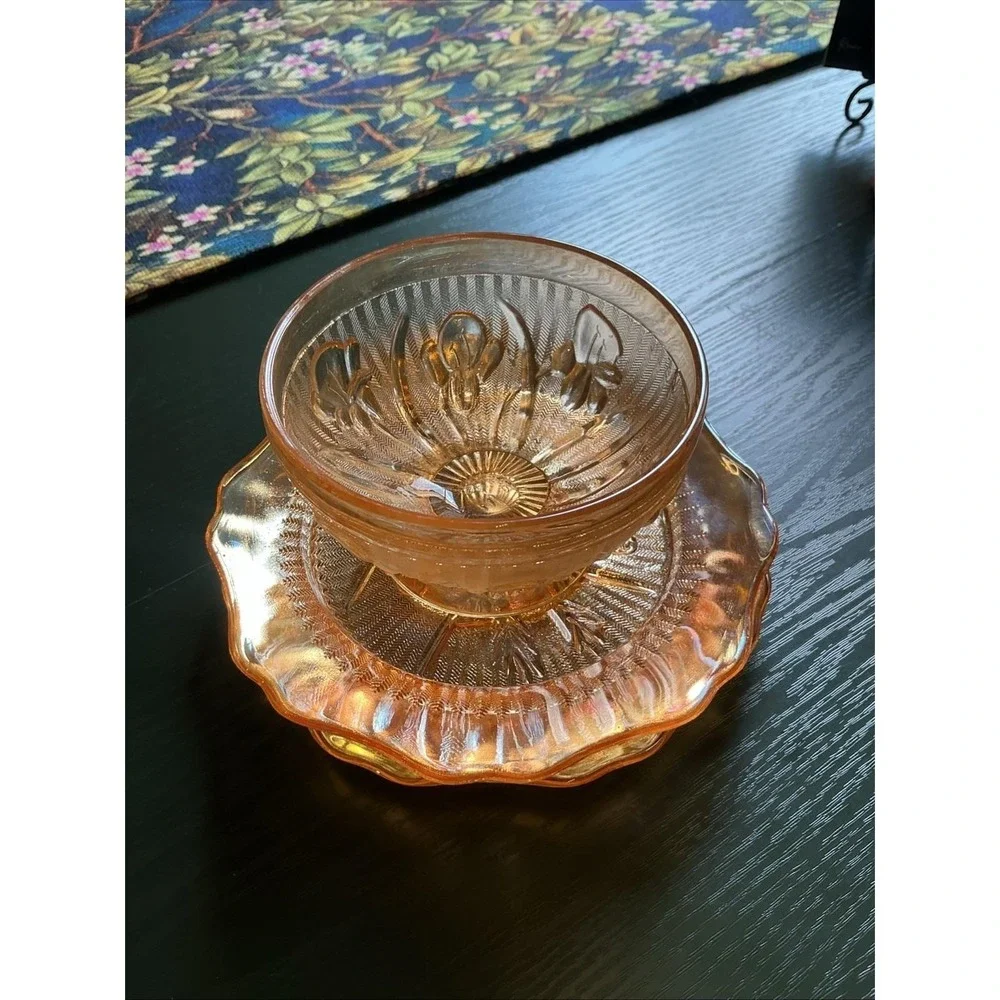Mini Bundle Jeanette Iris & Herringbone Marigold Glass‎ Footed Bowl & (2) Plates